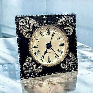 Vintage 3" Black Eamel CZ Accent Table Clock Bedside Decor Style of 'Brighton'
